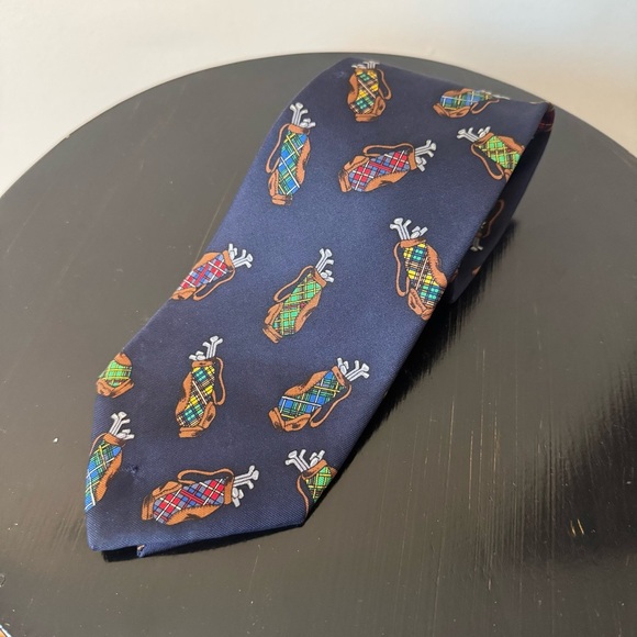 Alynn Neckwear Silk Tie "Tartan Bags" Navy Multicolor Golf Mens Designer Necktie - Picture 1 of 4